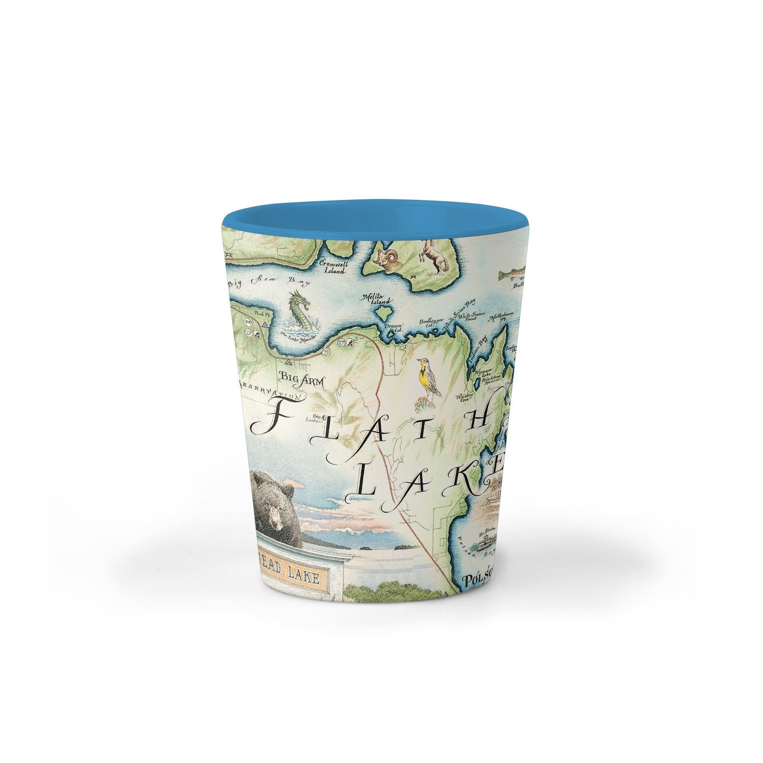 Montana's Flathead Lake Map Ceramic shot glass by Xplorer Maps. Features Golfing, Steamboat, Rafting, birds, eagles, Osprey, Bears, forest, water, deer, mountain lion, fish, Cherry Blossoms, and flowers like Glacier Lilies and Lady Slippers. Cities and landmarks are noted such as Woods Bay, Wild Horse Island, Finley Point, and Big Arm.