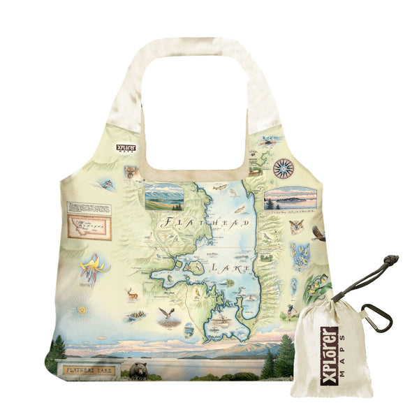 Montana's Flathead Lake Montana Map Pouch Tote Bags by Xplorer Maps. Features Golfing, Steamboat, Rafting, birds, eagles, Osprey, Bears, forest, water, deer, mountain lion, fish, Cherry Blossoms, and flowers like Glacier Lilies and Lady Slippers. Cities and landmarks are noted such as Woods Bay, Wild Horse Island, Finley Point, and Big Arm. 