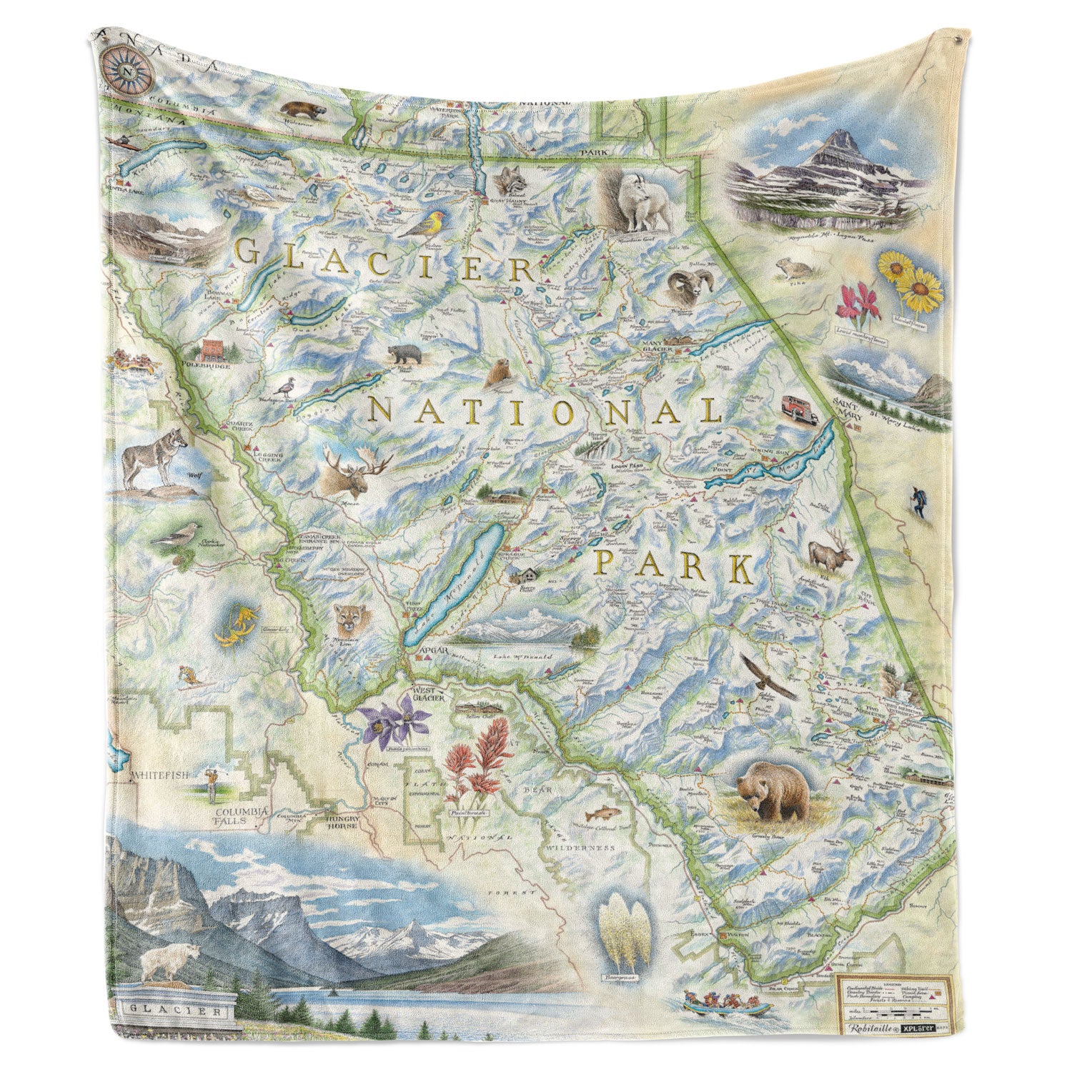 Hanging blanket with a map of Glacier National Park on it. Hand-drawn artwork. Blanket measures 58