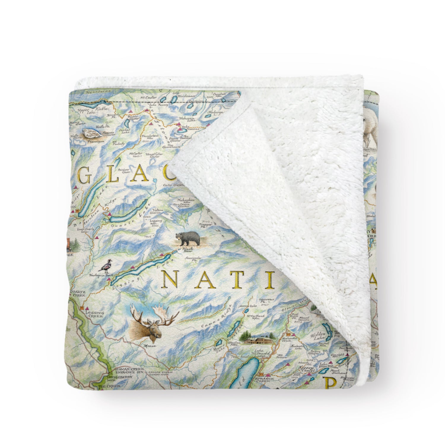 A folded blanket with a map of Glacier National Park on it. Hand-drawn artwork. Blanket measures 58
