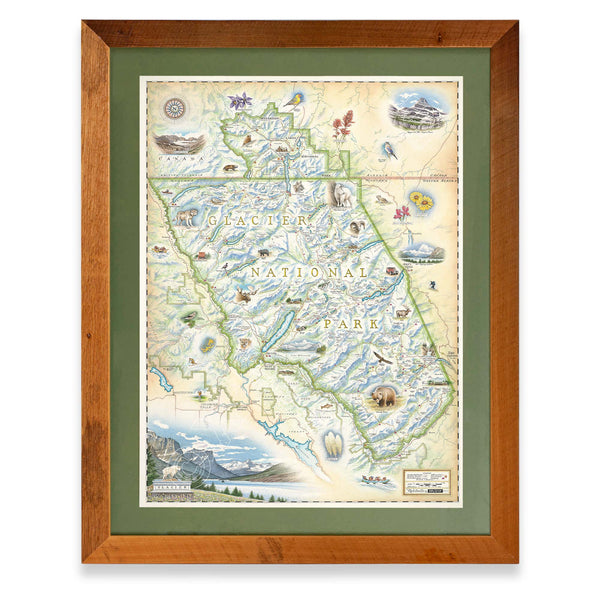 Montana's Glacier National Park map framed in Flathead Lake reclaimed larch wood with green mat.