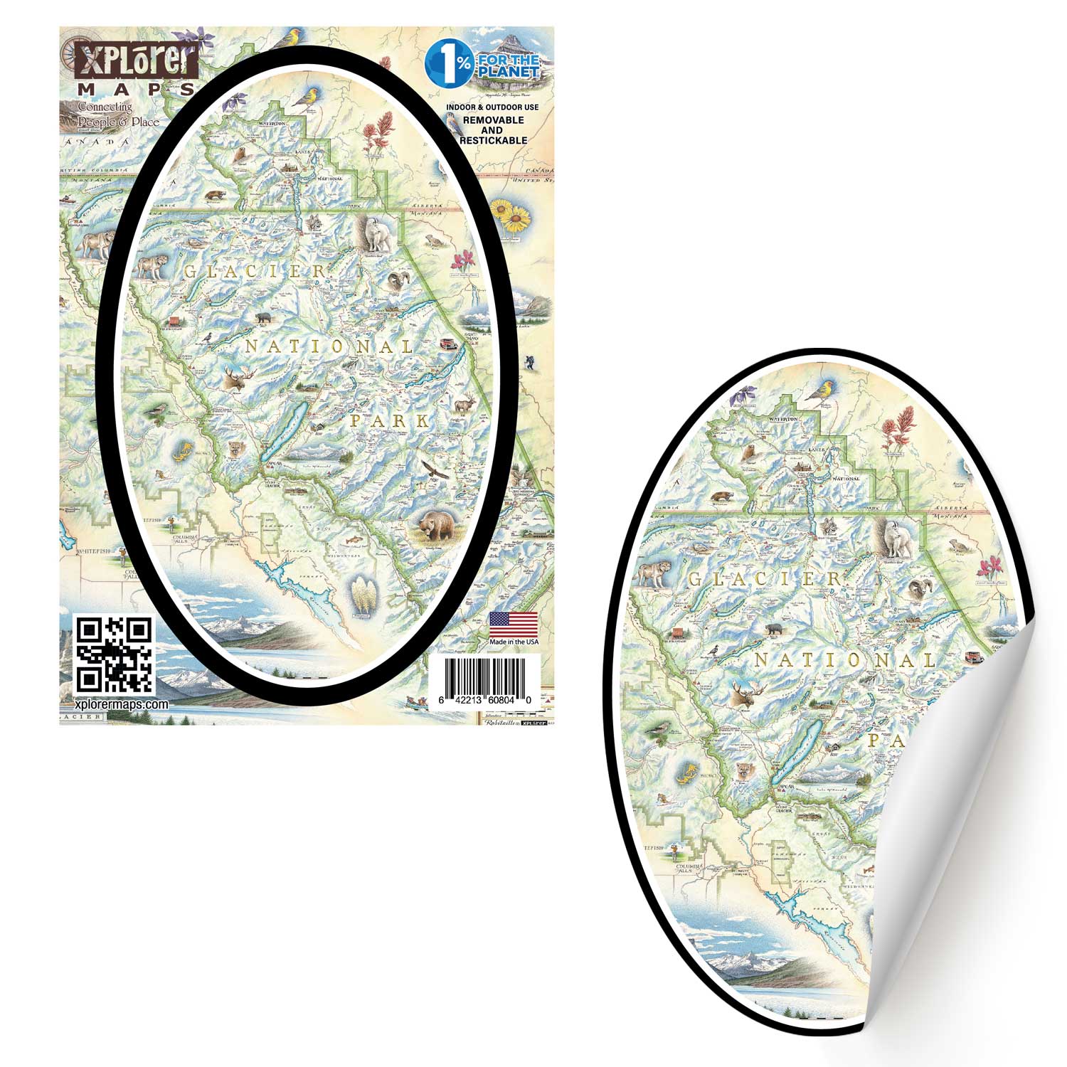 Glacier National Park Map Sticker by Xplorer Maps. Features places in the park such as Logan Pass, Lake McDonald Lodge, Many Glacier Lodge, Two Medicine, Glacier Park Lodge, and the Going-to-the-sun Road. Flora and fauna include grizzly bears, elk, moose, mountain goats, and mountain lions.