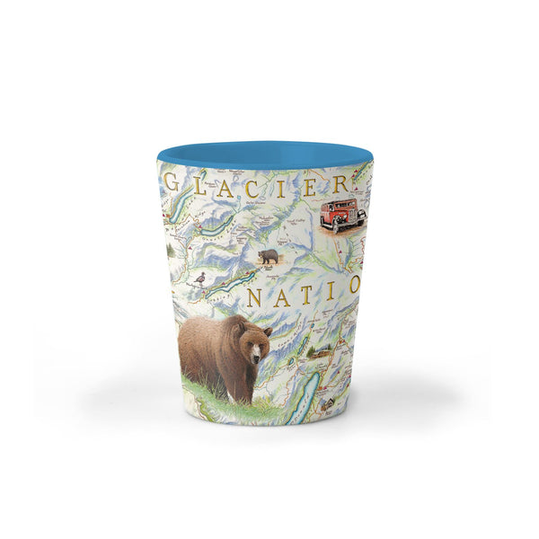 Glacier National Park Map ceramic shot glass by Xplorer Maps. Features places in the park such as Logan Pass, Lake McDonald Lodge, Many Glacier Lodge, Two Medicine, Glacier Park Lodge, and the Going-to-the-sun Road. Flora and fauna include grizzly bears, elk, moose, mountain goats, and mountain lions.