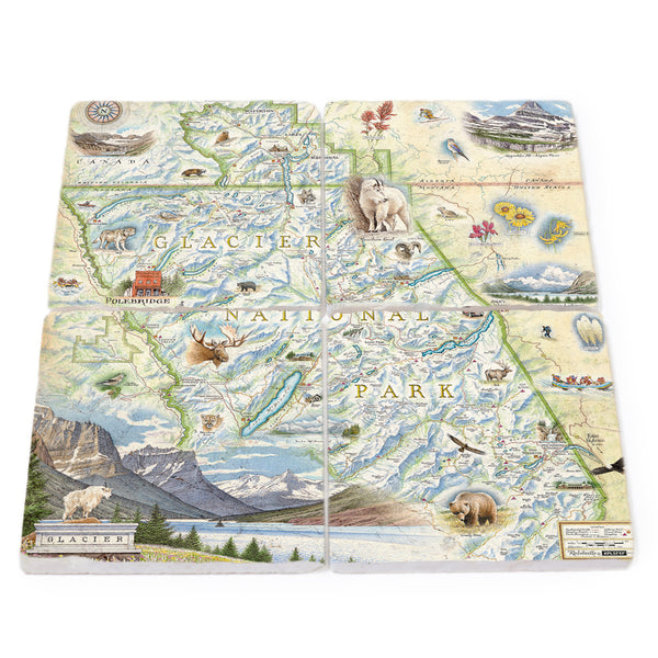 Glacier National Park Map Stone Coaster Set of 4. Highlights iconic park locations like Logan Pass, Lake McDonald Lodge, Many Glacier Lodge, Two Medicine, Glacier Park Lodge, and the Going-to-the-Sun Road. Featuring the park's diverse flora and fauna, including grizzly bears, elk, moose, mountain goats, and mountain lion.