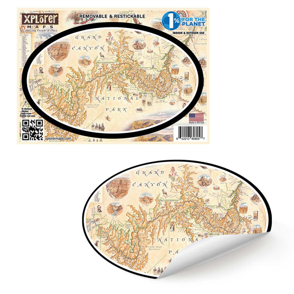 Grand Canyon National Park Map Sticker by Xplorer Maps. Features illustrations of activities like whitewater rafting and mule riding, along tortoise, California Condor, and Beavertail Cactus.