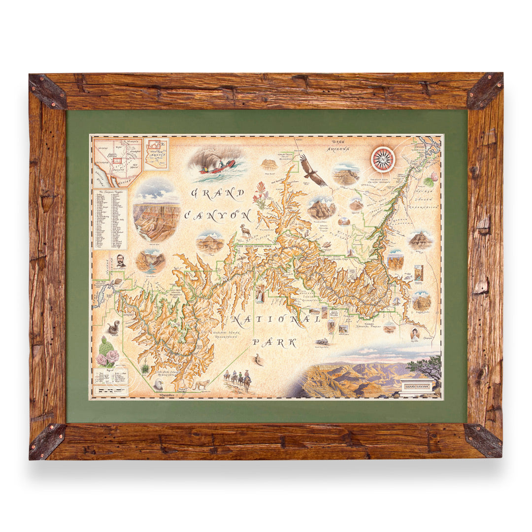 Grand Canyon National Park hand-drawn map in earth tones blues and greens. The map print is framed in Montana hand-scraped pine with a green mat.