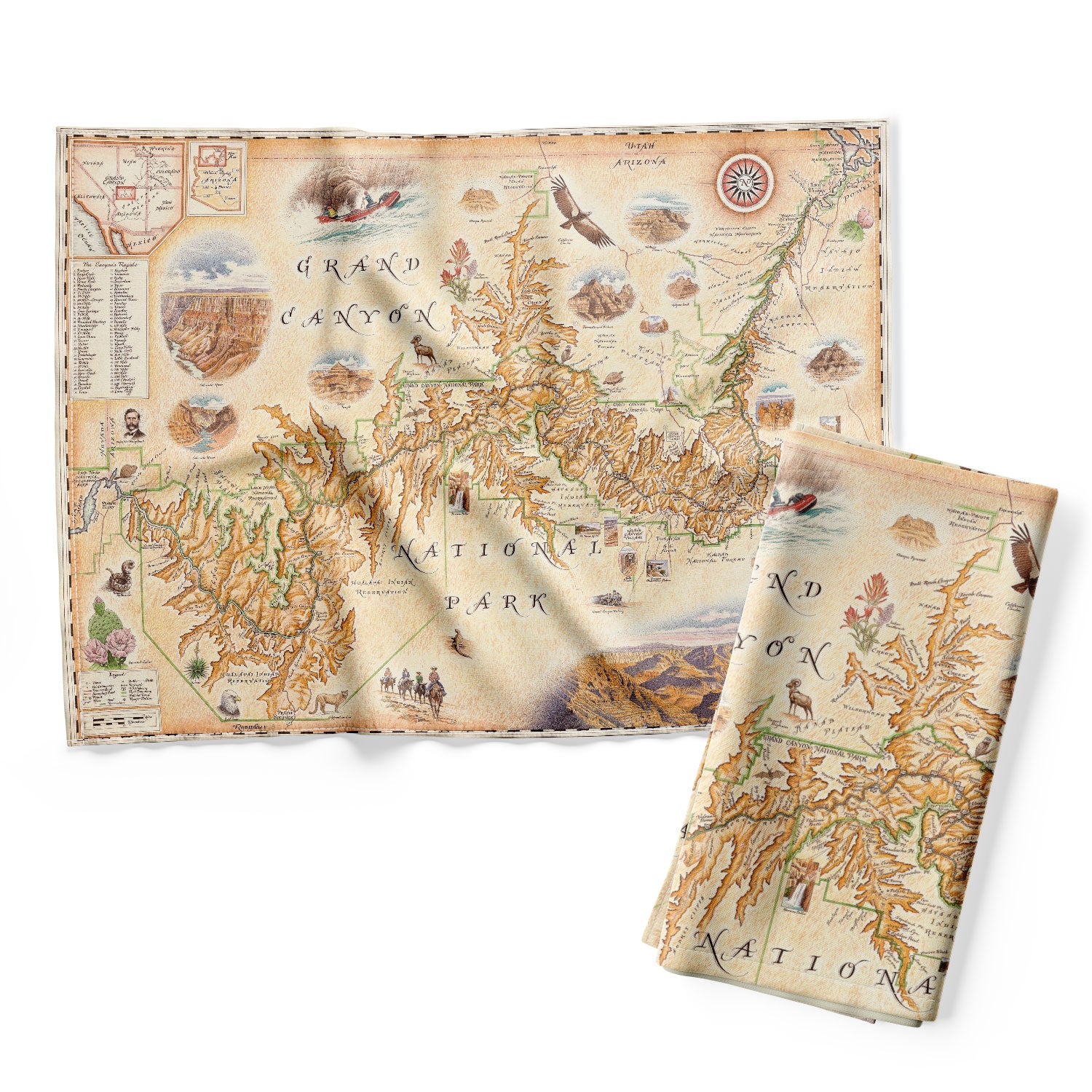 Grand Canyon National Park Kitchen Dishwashing Towel in earth tones of beige, brown, and orange. Located in Arizona, just south of Utah and east Nevada. Features illustrations of activities like whitewater rafting and mule riding, along tortoise, California Condor, and Beavertail Cactus.