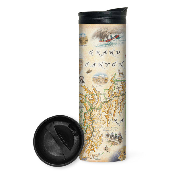 Grand Canyon National Park Map 16 oz Travel Drinkwareby Xplorer Maps.  Featuring Colorado river,  red rock, Mather Point, Yavapai Observation Station and architect Mary Colter’s Lookout Studio and her Desert View Watchtower. illustrations of activities like whitewater rafting and mule riding, along tortoise, California Condor, and Beavertail Cactus.