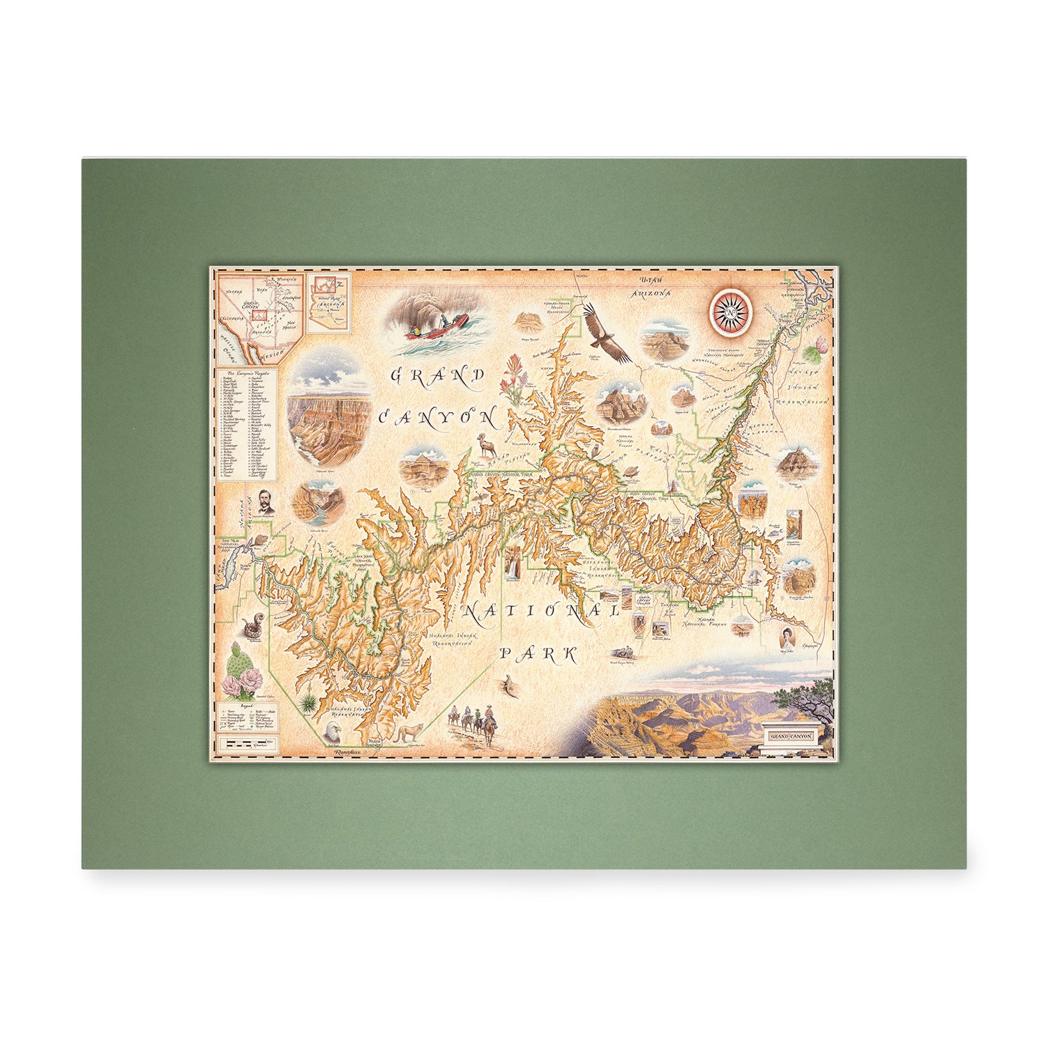 Grand Canyon National Park Mini-Map by Xplorer Maps in earth tones of beige, brown, and orange. Located in Arizona, just south of Utah and eastern Nevada. The map features illustrations of activities like whitewater rafting and mule riding, along tortoise, California Condor, and Beavertail Cactus.