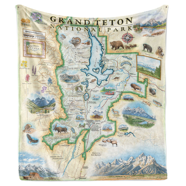 Hanging blanket featuring full color, hand drawn and painted map of Grand Teton. 