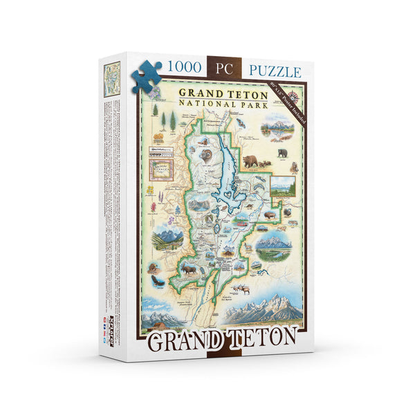 Grand Teton National Park map 1000-piece jigsaw puzzle. The map includes flora and fauna of the area, such as grizzly bears, moose, coyote, lupine, and longleaf phlox. Illustrations of places include snake river overlook, jenny lake, and Colter Bay Village.