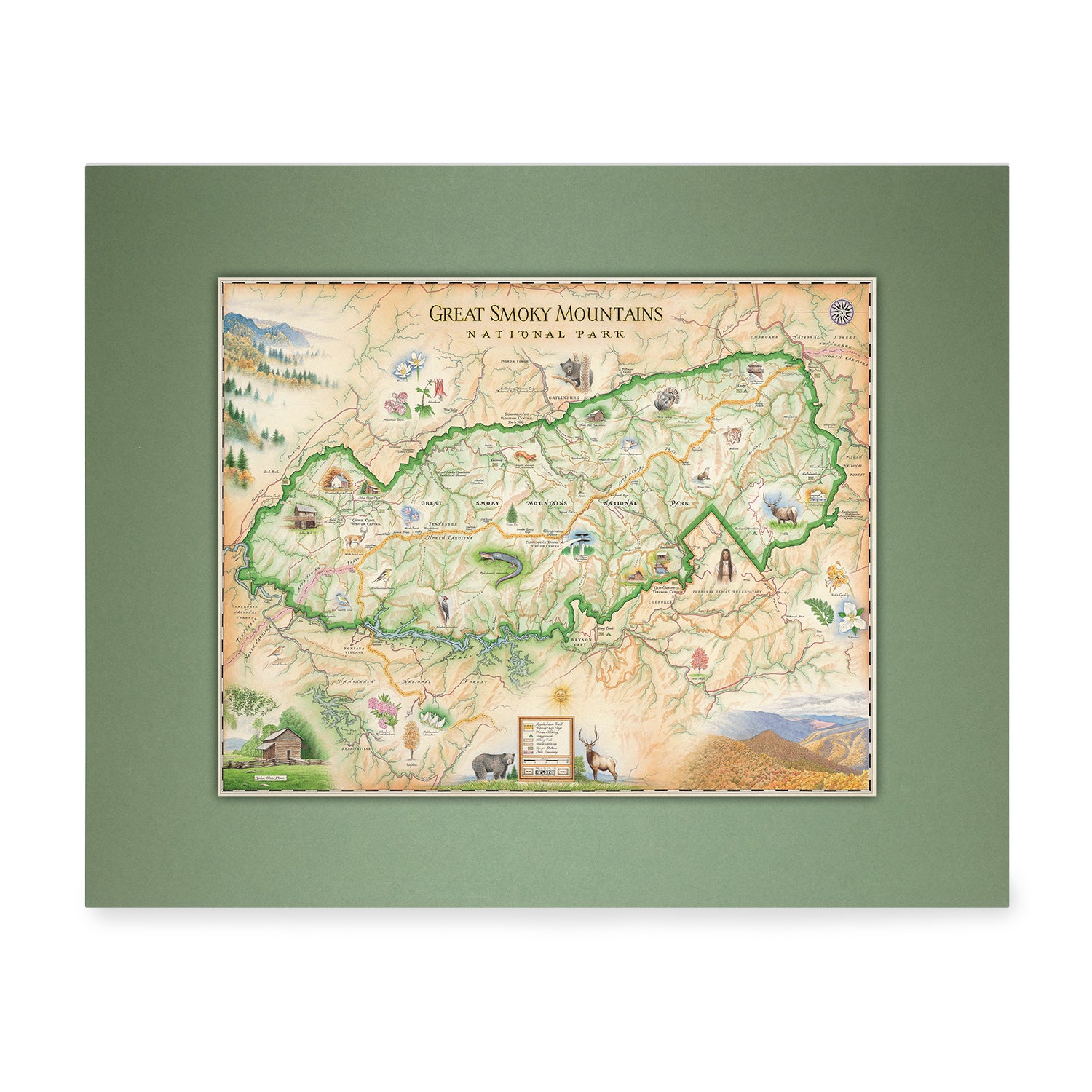 Great Smoky Mountains National Park Map by Xplorer Maps in earth tones colors beige and green. The map depicts the entire National Park on the border of North Carolina and Tennessee. It features illustrations of a salamander, woodpecker, Clingman's Dome, Sugarland's Visitor Center, and Oconoluftee Visitor Center.
