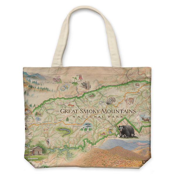 Great Smoky Mountains National Park  Map Canvas Tote Bags by Xplorer Maps. The map depicts the entire National Park on the border of North Carolina and Tennessee. It features illustrations of a salamander, woodpecker, Clingman's Dome, Sugarland's Visitor Center, and Oconoluftee Visitor Center. 