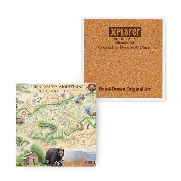  4" x 4" Great Smoky Mountains National Park Map Ceramic Coasters by Xplorer Maps. The map depicts the entire National Park on the border of North Carolina and Tennessee. It features illustrations of a salamander, woodpecker, Clingman's Dome, Sugarland's Visitor Center, and Oconoluftee Visitor Center. 