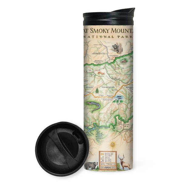 Great Smoky Mountains National Park Map travel drinkware by Xplorer Maps. The map depicts the entire National Park on the border of North Carolina and Tennessee. It features illustrations of a salamander, woodpecker, Clingman's Dome, Sugarland's Visitor Center, and Oconoluftee Visitor Center.