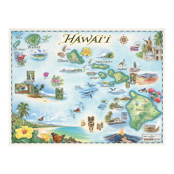 Hawaii state hand-drawn map in earth tones blue and green. The map features the islands of Hawaii, Maui, Kaho'olawe, Lanai, Molokai, Oahu, Kauai, and Ni'ihau. Flora and fauna of islands include, the Scarlet Honeycreeper, Lokelani Rose, and green sea turtles. Other illustrations include statue of King Kamehameha, Pearl Harbor National Memorial, and Mauna Loa erupting. Measures 24x18."