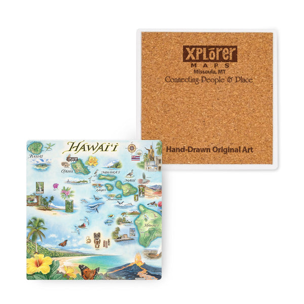 4" x 4" Hawai'i Islands Map Ceramic Coasters by Xplorer Maps. Features the islands of Hawai'i, Maui, Kaho'olawe, Lanai, Molokai, Oahu, Kauai, and Ni'ihau. Flora and fauna of islands include the Scarlet Honeycreeper, Lokelani Rose, and green sea turtles. Other illustrations include a statue of King Kamehameha, the Pearl Harbor National Memorial, and Mauna Loa erupting.