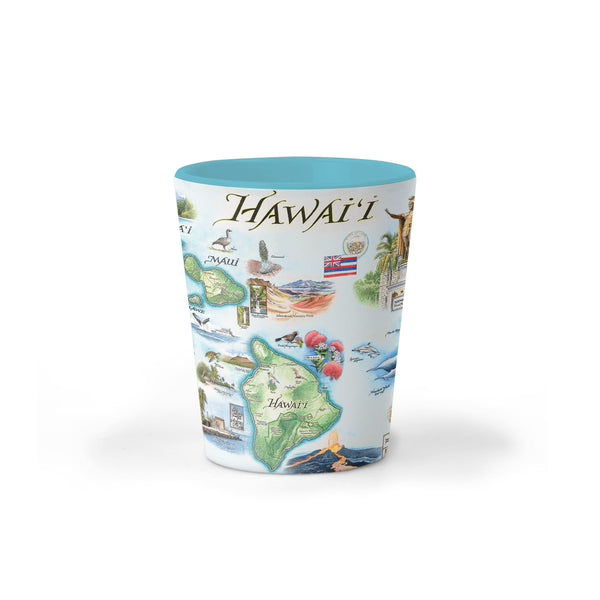 Hawai'i Islands Map Ceramic shot glass by Xplorer Maps. Features the islands of Hawai'i, Maui, Kaho'olawe, Lanai, Molokai, Oahu, Kauai, and Ni'ihau. Flora and fauna of islands include the Scarlet Honeycreeper, Lokelani Rose, and green sea turtles. Other illustrations include a statue of King Kamehameha, the Pearl Harbor National Memorial, and Mauna Loa erupting.