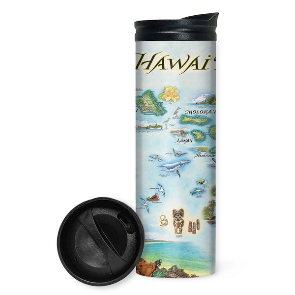 Hawai'i Islands Map travel drinkware by Xplorer Maps. Features the islands of Hawai'i, Maui, Kaho'olawe, Lanai, Molokai, Oahu, Kauai, and Ni'ihau. Flora and fauna of islands include the Scarlet Honeycreeper, Lokelani Rose, and green sea turtles. Other illustrations include a statue of King Kamehameha, the Pearl Harbor National Memorial, and Mauna Loa erupting.