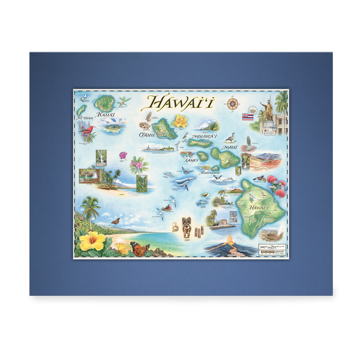 Hawai'i State Mini-Map by Xplorer Maps in earth tones blue and green. The map features the islands of Hawaii, Maui, Kaho'olawe, Lanai, Molokai, Oahu, Kauai, and Ni'ihau. Flora and fauna of islands include the Scarlet Honeycreeper, Lokelani Rose, and green sea turtles. Other illustrations include a statue of King Kamehameha, the Pearl Harbor National Memorial, and Mauna Loa erupting.