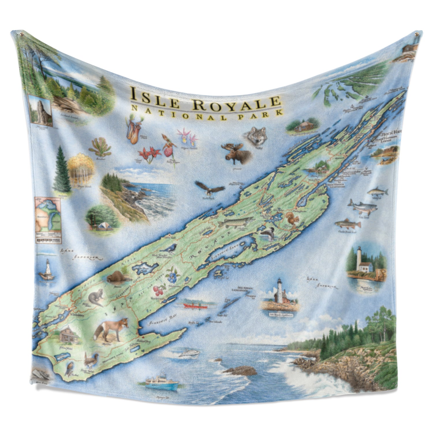 Hanging blanket with a map of Isle Royale National Park on it. Hand-drawn artwork. Full-color map. Blanket measures 58