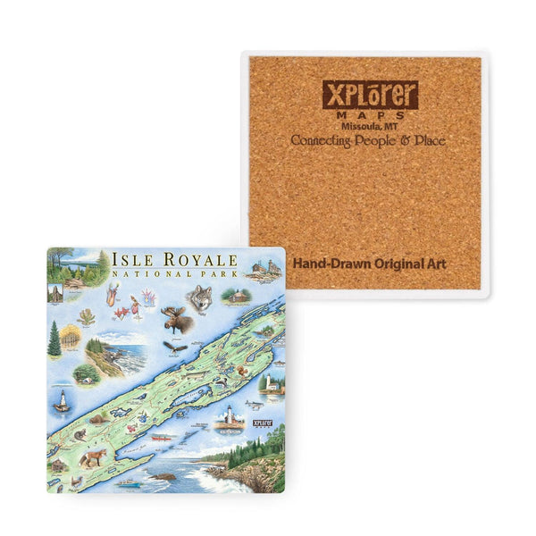 4" x 4" Isle Royale National Park Map Ceramic Coasters by Xplorer Maps. The map features flora and fauna such wolf, moose, Pink Lady Slippers, and Thimbleberries. Other illustrations include Lookout Louise, Rock of Ages Lighthouse, and the Rocky Harbor Lodge. 