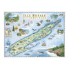 Isle Royale National Park hand-drawn map in earth tones blue and green. Isle Royale is an island in Lake Superior off the coasts of Minnesota and Michigan. The map features flora and fauna such wolf, moose, Pink Lady Slippers, and Thimbleberries. Other illustrations include Lookout Louise, Rock of Ages Lighthouse, and the Rocky Harbor Lodge. Measures 24x18."