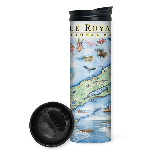 Michigan's Isle Royale National Park Map travel drinkware by Xplorer Maps. The map features flora and fauna such wolf, moose, Pink Lady Slippers, and Thimbleberries. Other illustrations include Lookout Louise, Rock of Ages Lighthouse, and the Rocky Harbor Lodge.