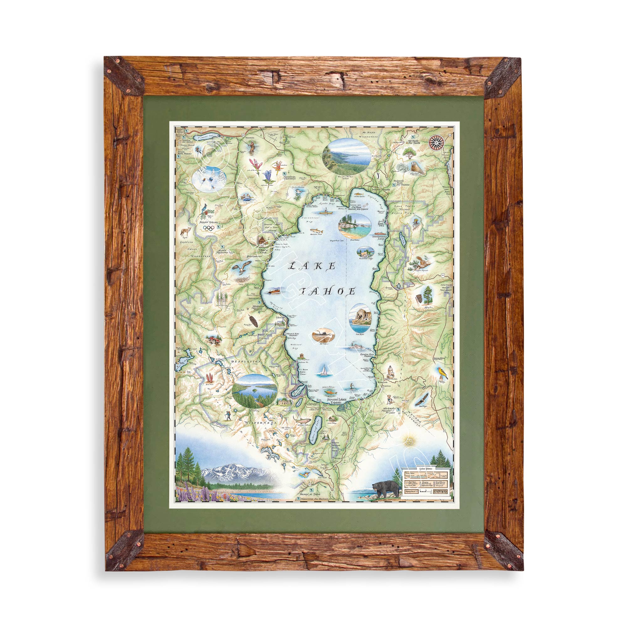 Lake Tahoe Hand-Drawn Map in earth tones blues and greens. The map print is framed in Montana hand-scraped pine with a green mat.