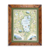 Lake Tahoe Hand-Drawn Map in earth tones blues and greens. The map print is framed in Montana hand-scraped pine with a green mat.