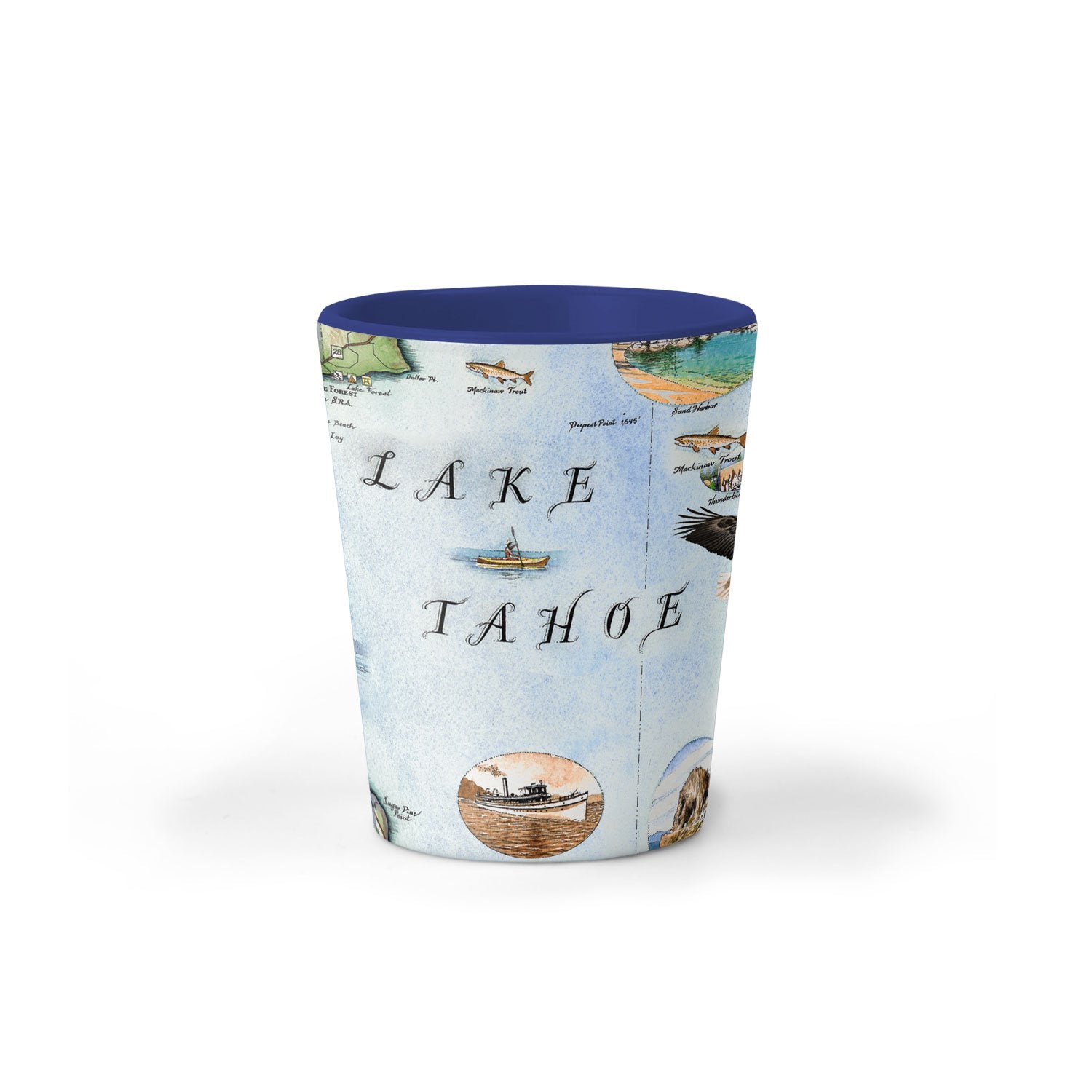 Lake Tahoe Map Ceramic shot glass by Xplorer Maps. The map features the land's topography along with the area's flora and fauna, such as Emerald Bay, Cove Rock, Thunderbird Lodge, and Cal Neva Lodge & Resort. A hand-illustrated black bear with cubs is in the bottom right corner.