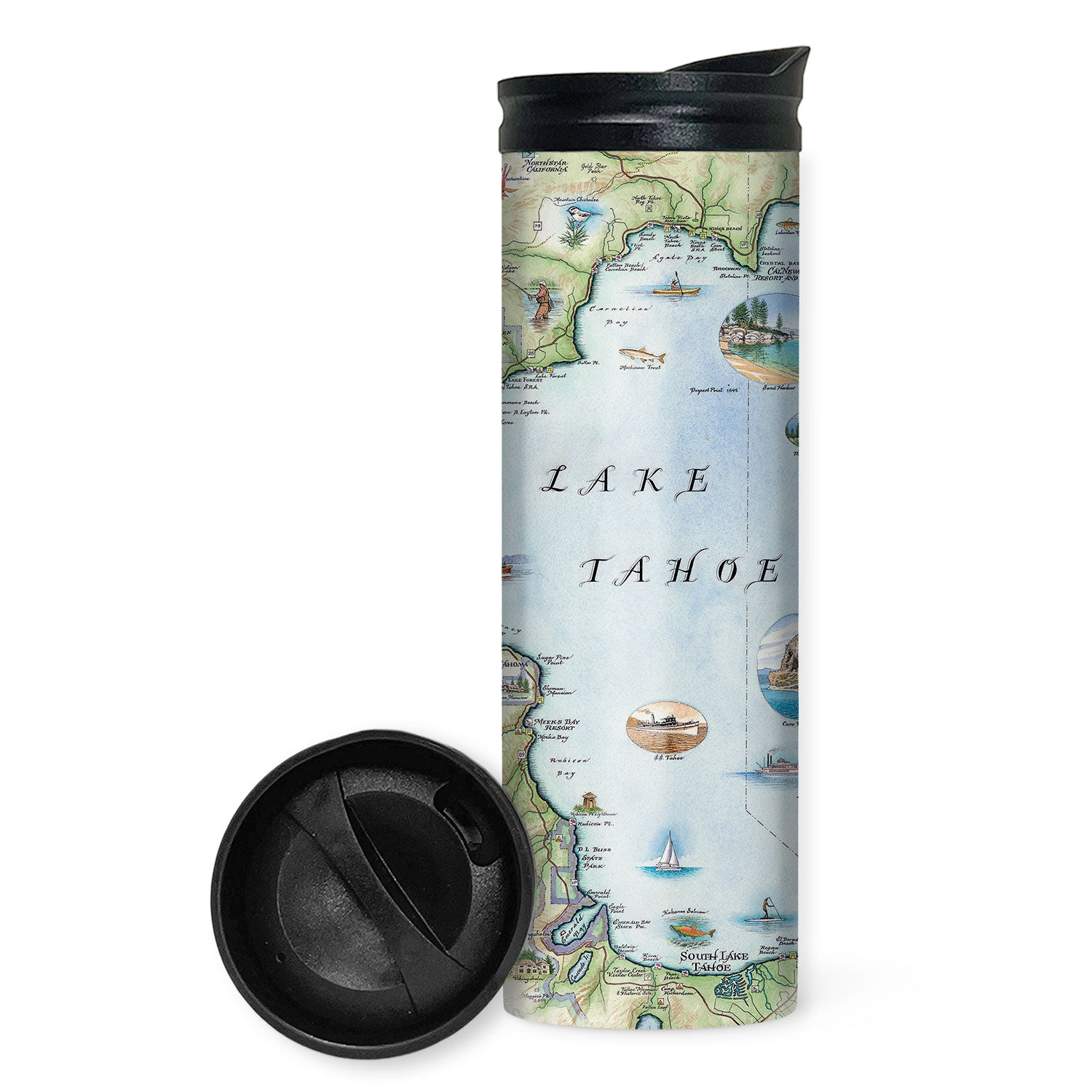 Lake Tahoe Map travel drinkware by Xplorer Maps. The map features the land's topography along with the area's flora and fauna, such as Emerald Bay, Cove Rock, Thunderbird Lodge, and Cal Neva Lodge & Resort.