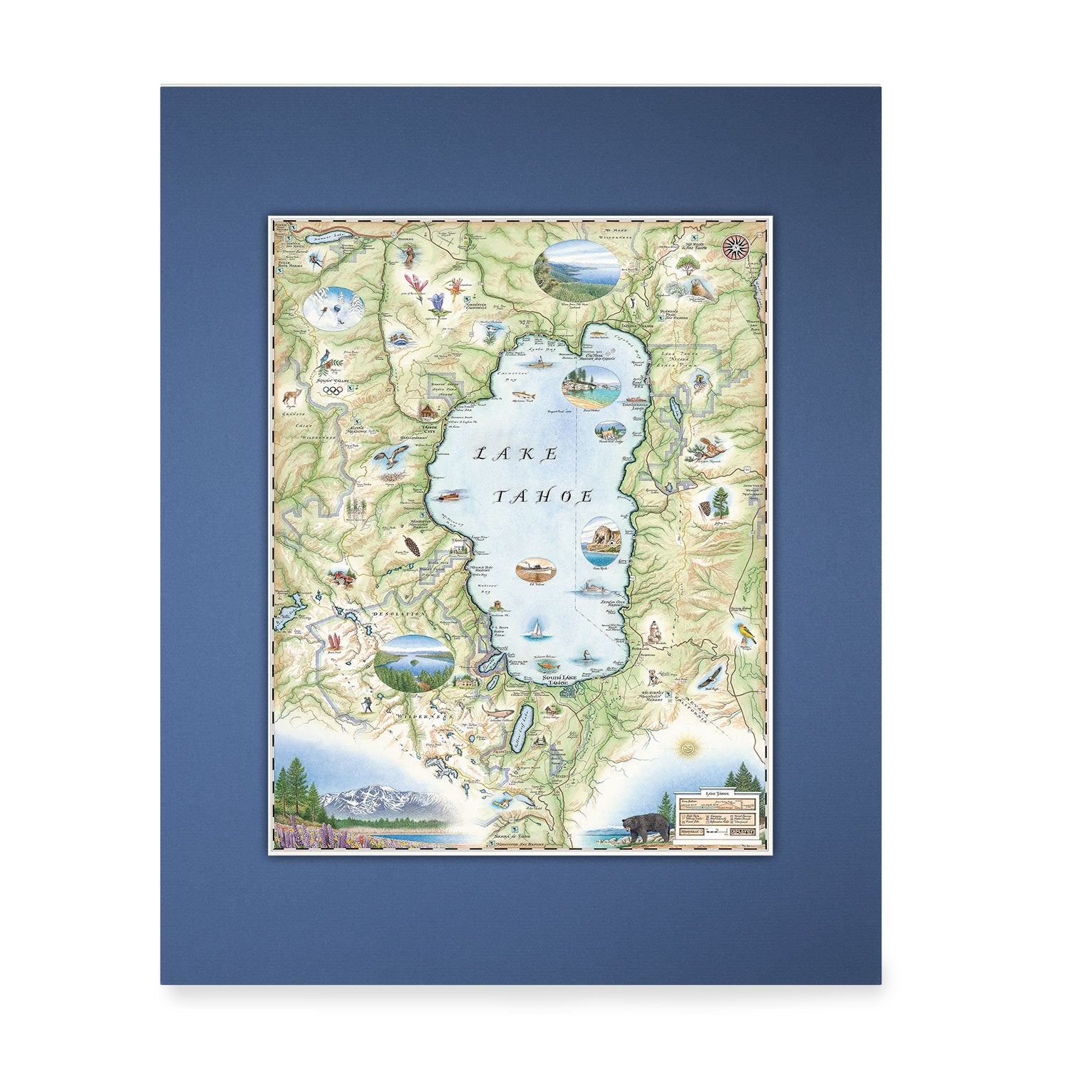 Lake Tahoe Mini-Map by Xplorer Maps in colors green and blue. Bordering Nevada, this destination map features the land's topography along with the area's flora and fauna, such as Emerald Bay, Cove Rock, Thunderbird Lodge, and Cal Neva Lodge & Resort.