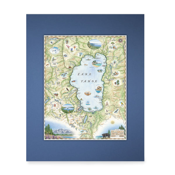 Lake Tahoe Mini-Map by Xplorer Maps  in colors green and blue. Bordering Nevada, this destination map features the land's topography along with the area's flora and fauna, such as Emerald Bay, Cove Rock, Thunderbird Lodge, and Cal Neva Lodge & Resort.