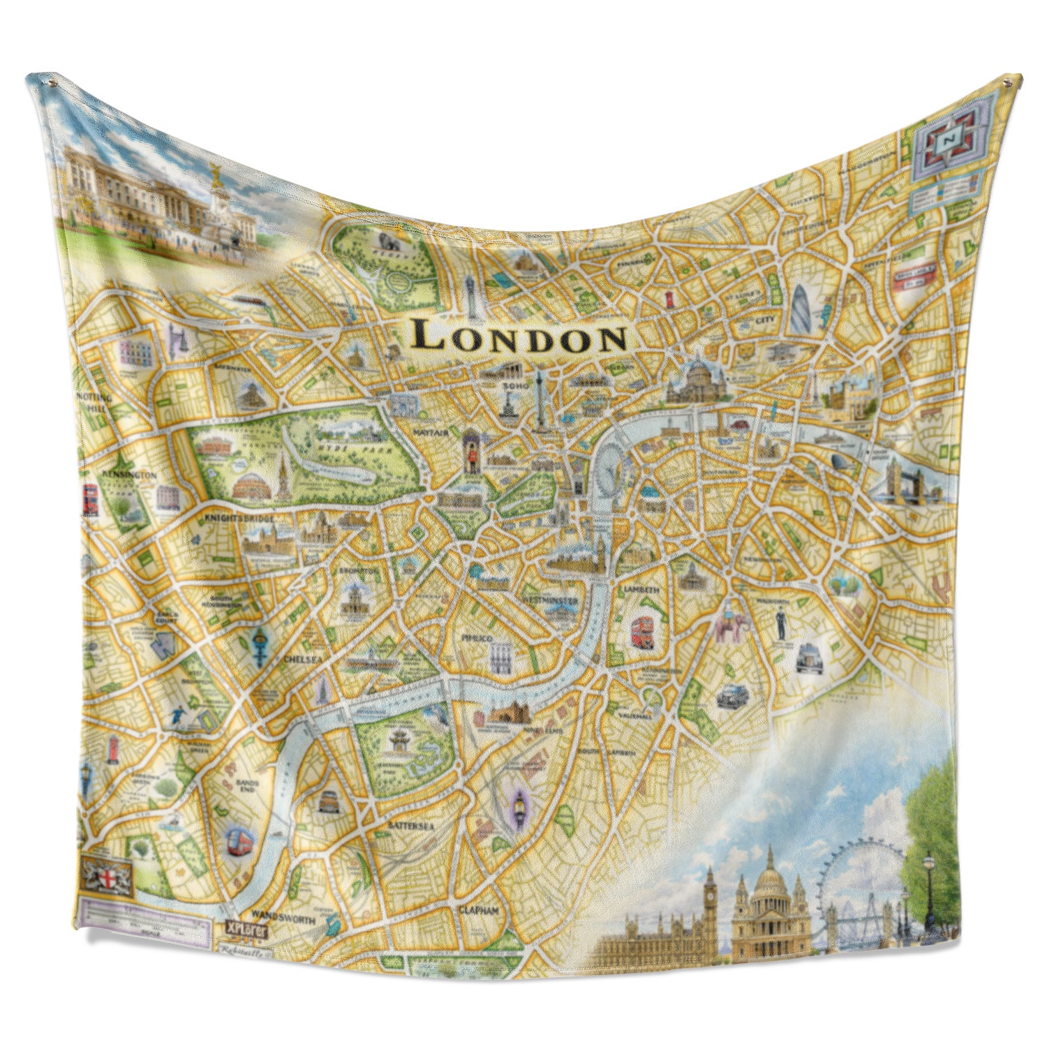 Artistic map of the city of London, England, on a warm blanket.