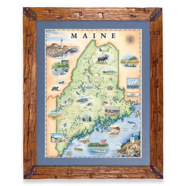 Maine State hand-drawn map in earth tones blues and greens. The map print is framed in Montana hand-scraped pine with a blue mat.