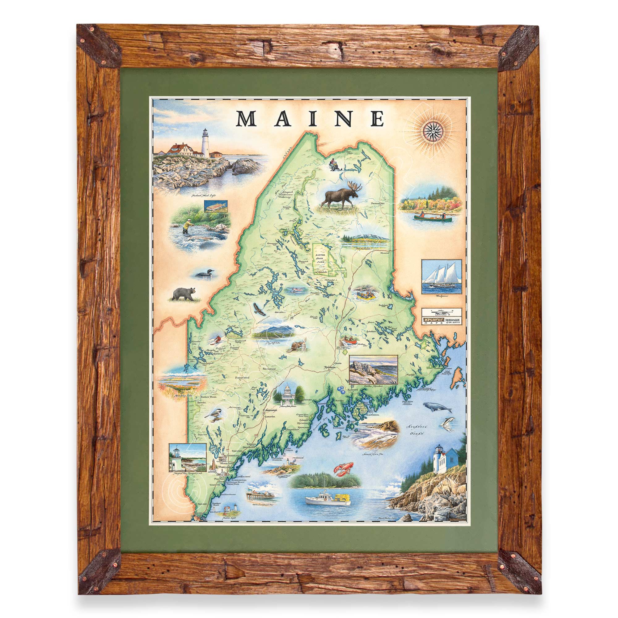 Maine State hand-drawn map in earth tones blues and greens. The map print is framed in Montana hand-scraped pine with a green mat.