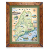 Maine State hand-drawn map in earth tones blues and greens. The map print is framed in Montana hand-scraped pine with a green mat.