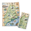 Maine State Map kitchen dishtowel featuring moose, lighthouses, fishing, lobster, ocean, boats, bears, marine life, plants, and flowers.