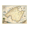 Mallorca Island hand-drawn map in earth tones brown and beige. Located off the coast of Spain. The map  Includes illustrations of Capital Palma, Moorish Almudaina royal palace, and 13th-century Santa María Cathedral. Flora & Fauna including birds, fish, Palm Trees, and Starfish.Measures 24x18."