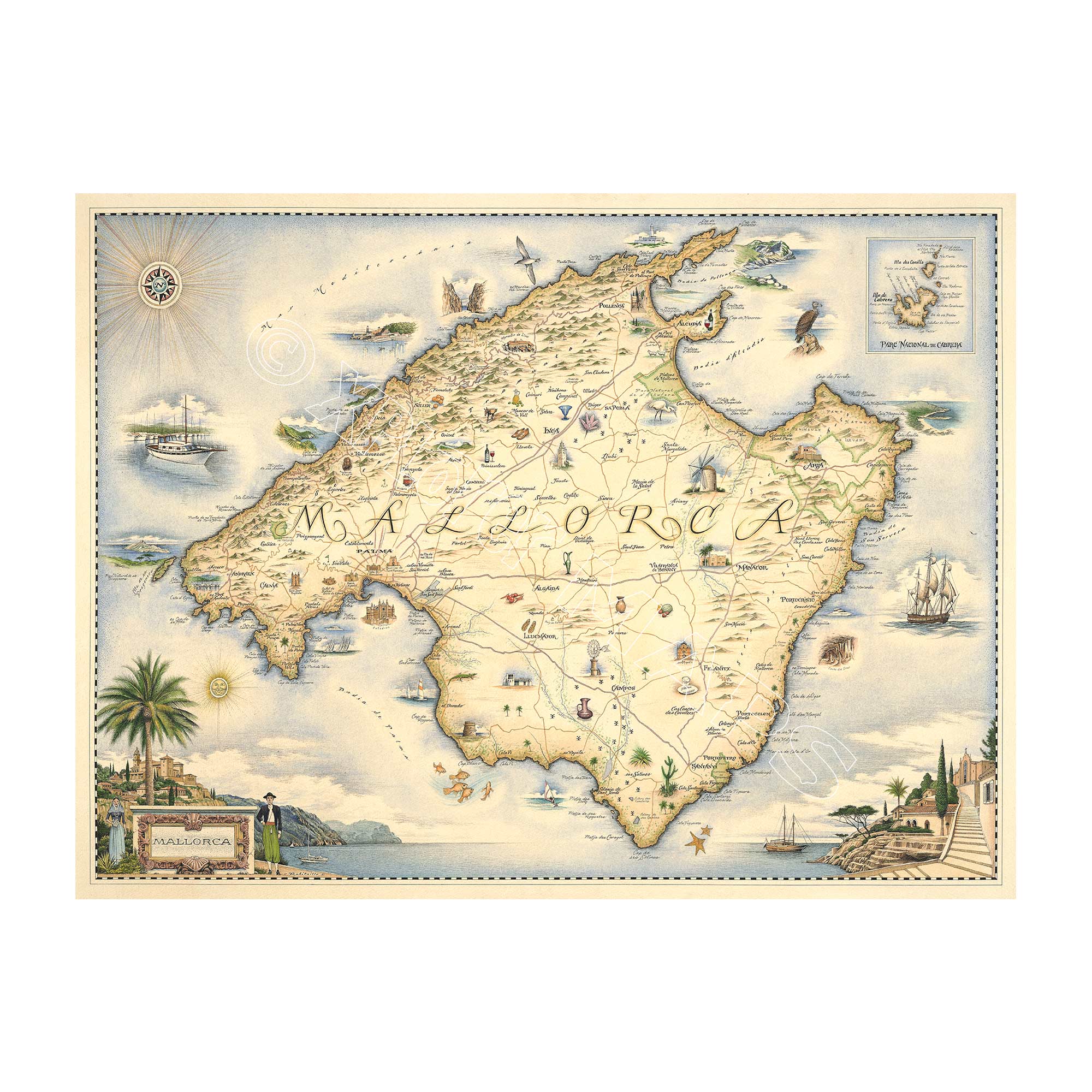 Mallorca Island hand-drawn map in earth tones brown and beige. Located off the coast of Spain. The map Includes illustrations of Capital Palma, Moorish Almudaina royal palace, and 13th-century Santa María Cathedral. Flora & Fauna including birds, fish, Palm Trees, and Starfish.Measures 24x18.