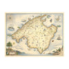 Mallorca Island hand-drawn map in earth tones brown and beige. Located off the coast of Spain. The map Includes illustrations of Capital Palma, Moorish Almudaina royal palace, and 13th-century Santa María Cathedral. Flora & Fauna including birds, fish, Palm Trees, and Starfish.Measures 24x18."