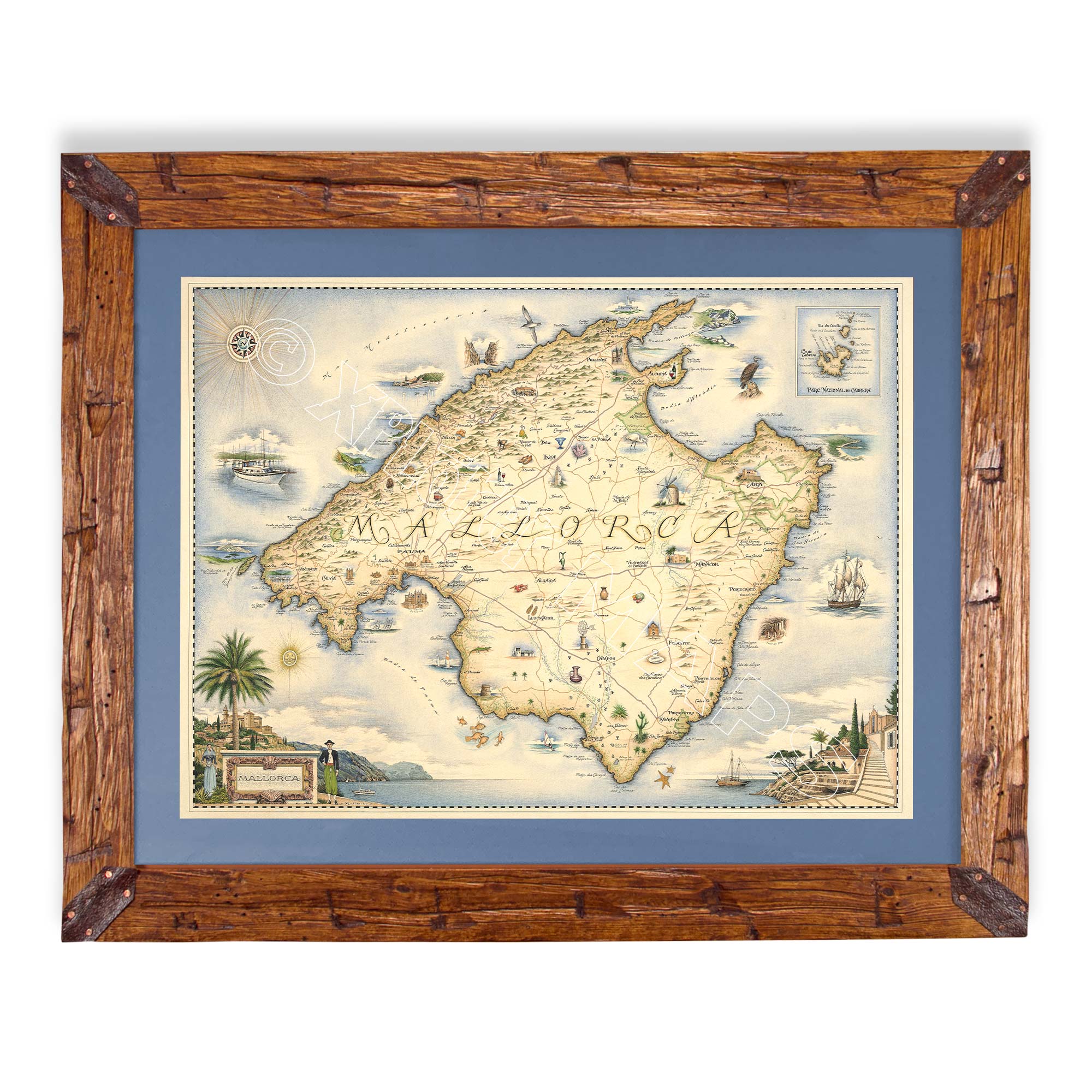 Mallorca Island hand-drawn map in earth tones blues and greens. The map print is framed in Montana hand-scraped pine with a blue mat.