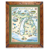 Michigan State hand-drawn map in earth tones blues and greens. The map print is framed in Montana hand-scraped pine with a green mat.