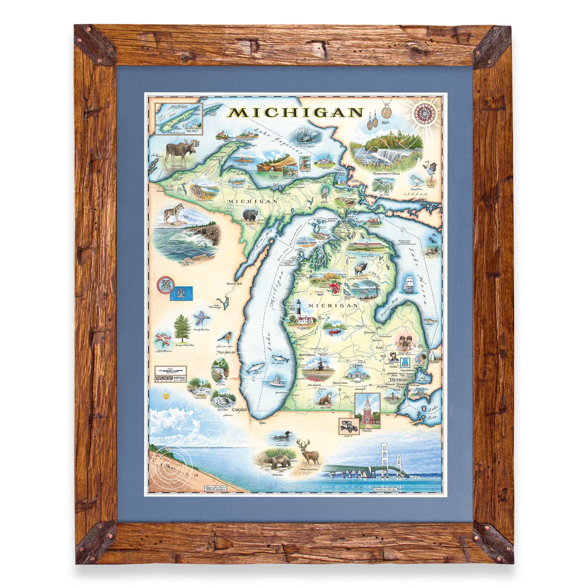 Michigan State framed hand-drawn map. The print is framed in Montana's Flathead Lake Larch with a blue mat.