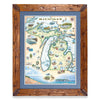 Michigan State framed hand-drawn map. The print is framed in Montana's Flathead Lake Larch with a blue mat.