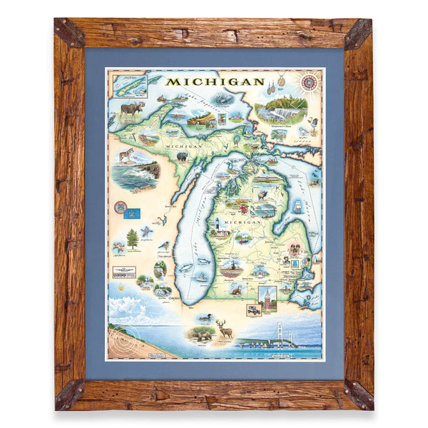 Michigan State framed hand-drawn map. The print is framed in Montana's Flathead Lake Larch with a blue mat.