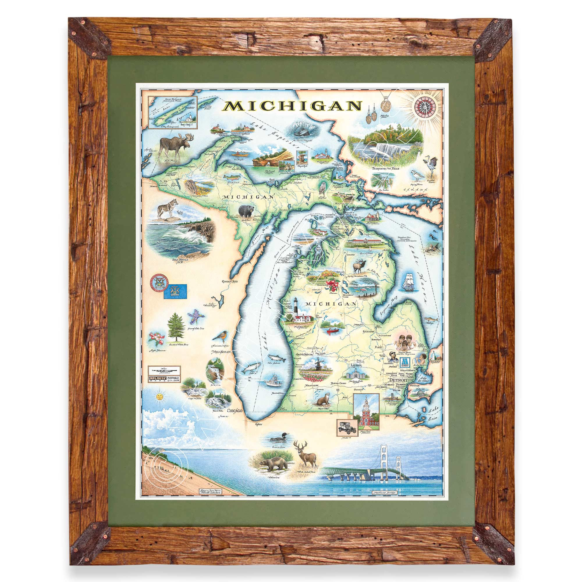 Michigan State hand-drawn map in earth tones blues and greens. The map print is framed in Montana hand-scraped pine with a green mat.
