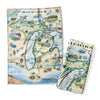 Michigan State Map Kitchen Dishwashing Towel featuring the Great Lakes, Detroit, Ann Arbor, Grand Rapids, and Lansing in earth tones of blue and greens. The tea towel also features Nature, animals, ducks, deer, fish, moose lighthouses, wolverines, and the Mackinac Bridge.