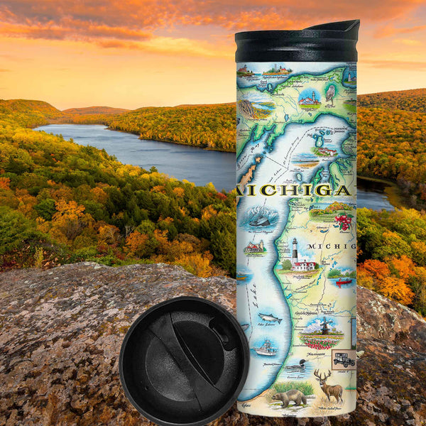 Michigan State Map ravel bottle along the river in the fall with trees leaves in yellow, green, red, orange.